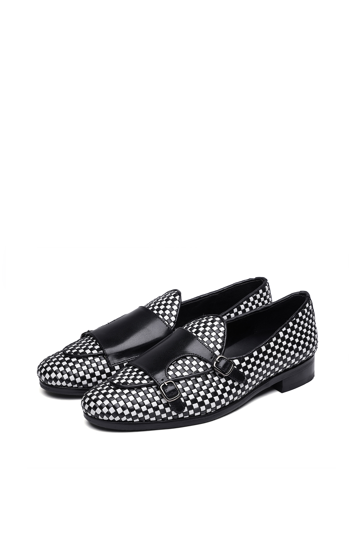 Black & White Woven Leather Slip-On Shoes by SHUTIQ