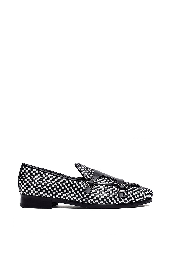 Black & White Woven Leather Slip-On Shoes by SHUTIQ at Pernia's Pop Up Shop
