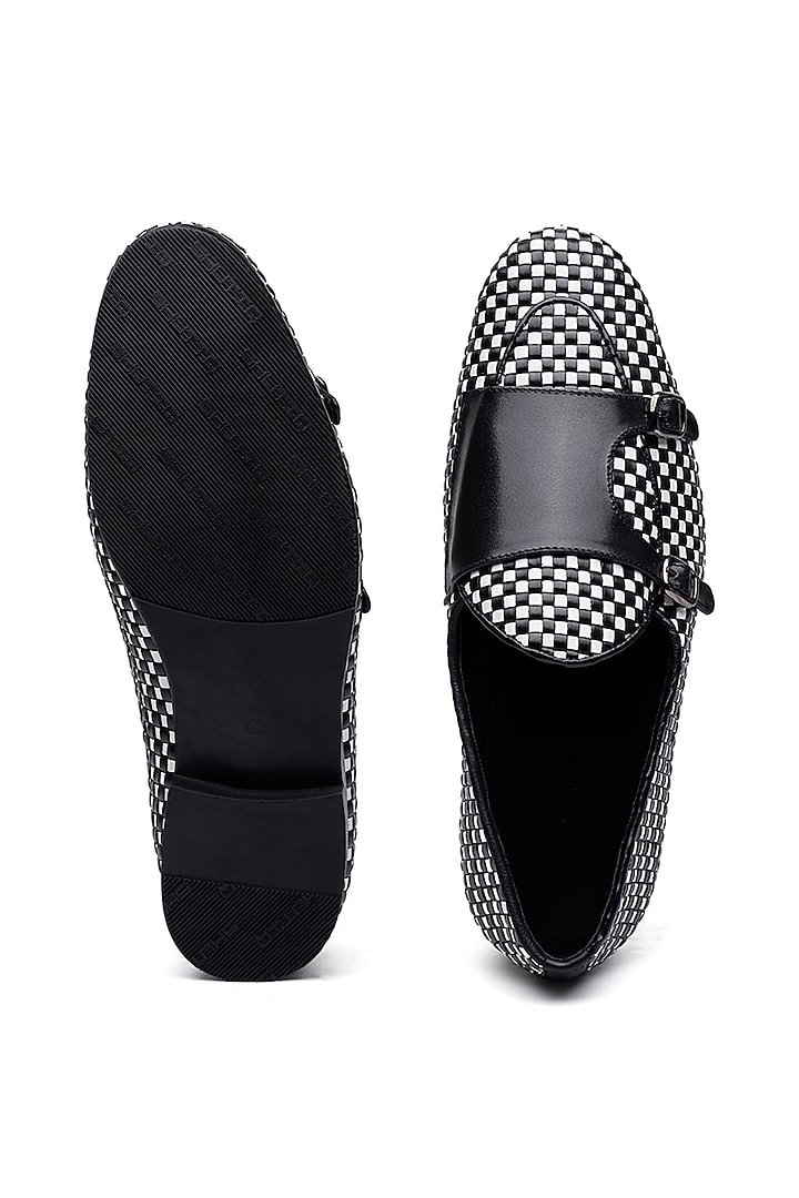 Black & White Woven Leather Slip-On Shoes by SHUTIQ at Pernia's Pop Up Shop