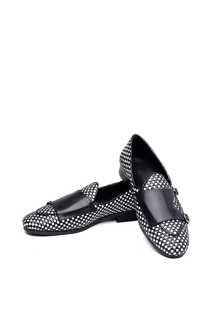 Black & White Woven Leather Slip-On Shoes by SHUTIQ at Pernia's Pop Up Shop