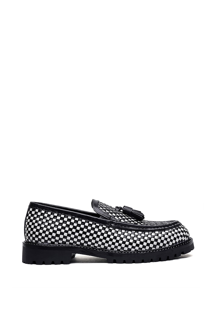 Black & White Woven Leather Slip-On Shoes by SHUTIQ at Pernia's Pop Up Shop