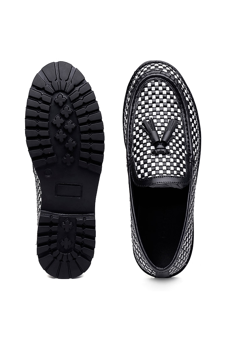 Black & White Woven Leather Slip-On Shoes by SHUTIQ at Pernia's Pop Up Shop