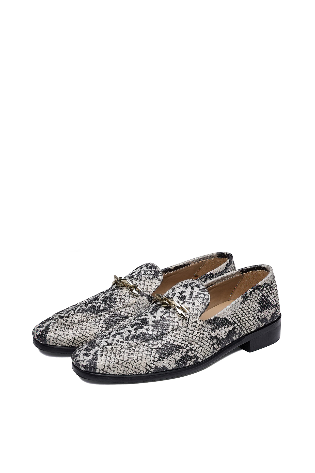 Grey Leather Leopard Printed Slip-On Shoes by SHUTIQ