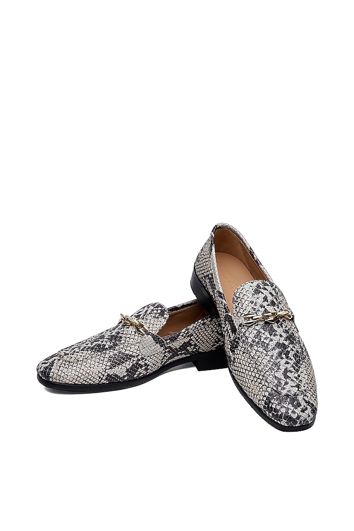 Grey Leather Leopard Printed Slip-On Shoes by SHUTIQ at Pernia's Pop Up Shop