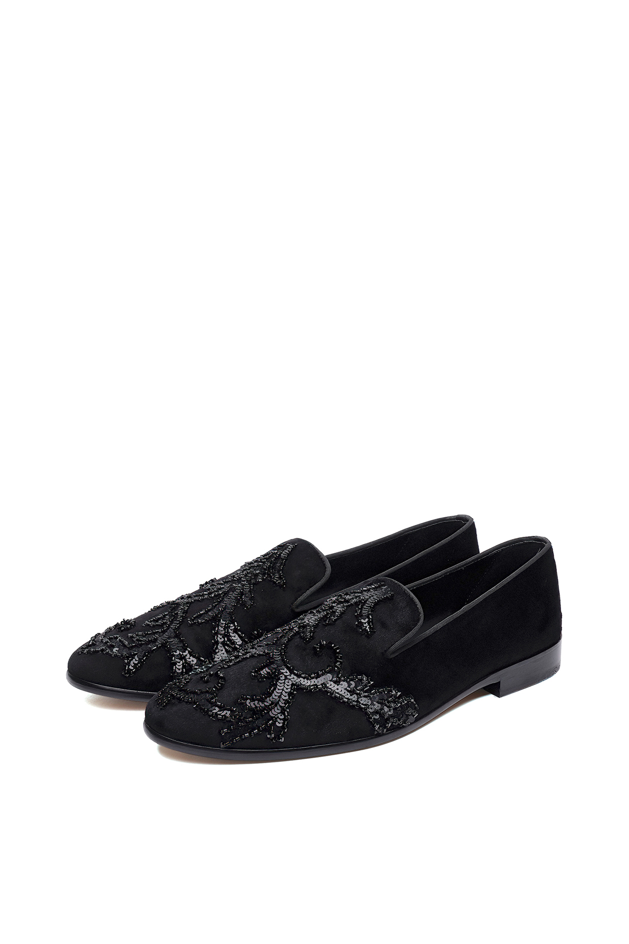 Black Velvet Studs Embellished Slip-On Shoes by SHUTIQ