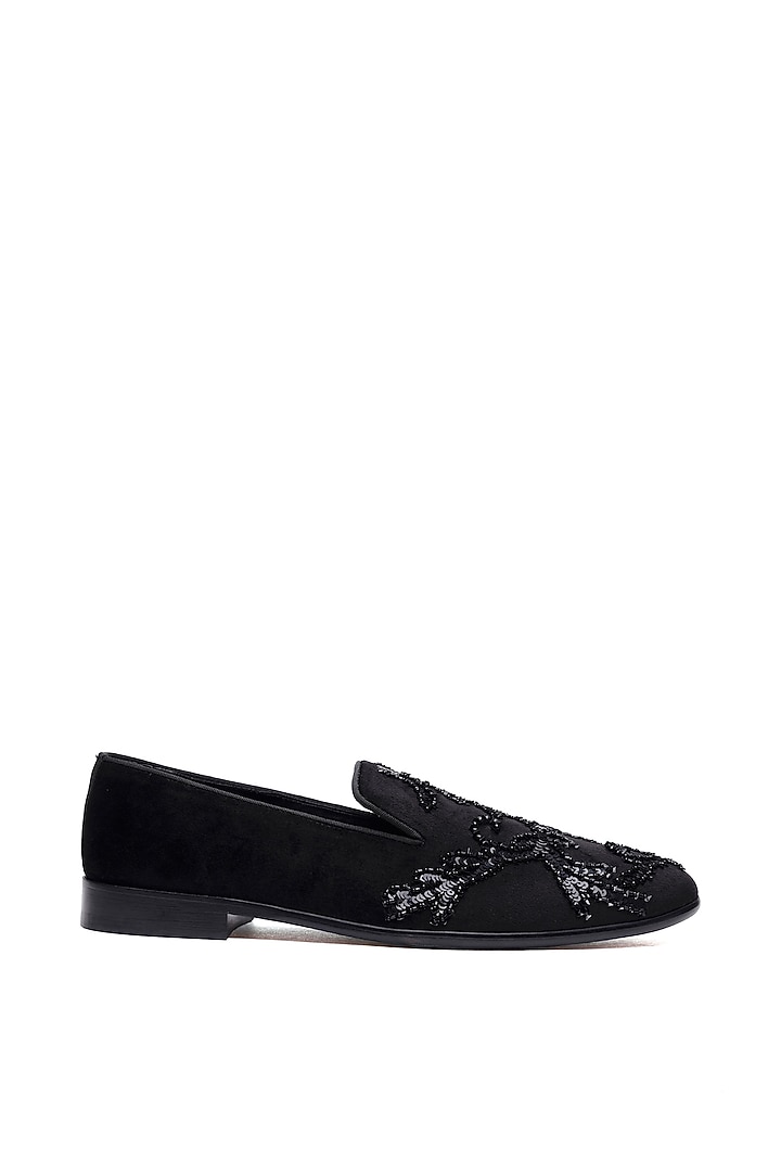 Black Velvet Studs Embellished Slip-On Shoes by SHUTIQ at Pernia's Pop Up Shop