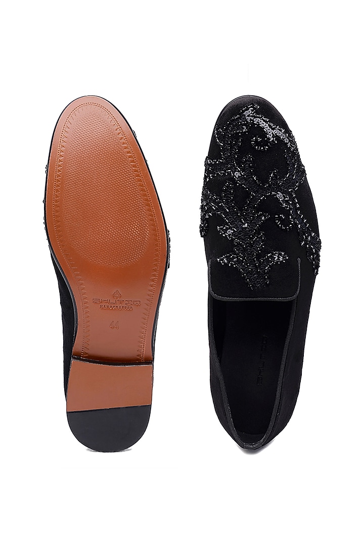 Black Velvet Studs Embellished Slip-On Shoes by SHUTIQ at Pernia's Pop Up Shop