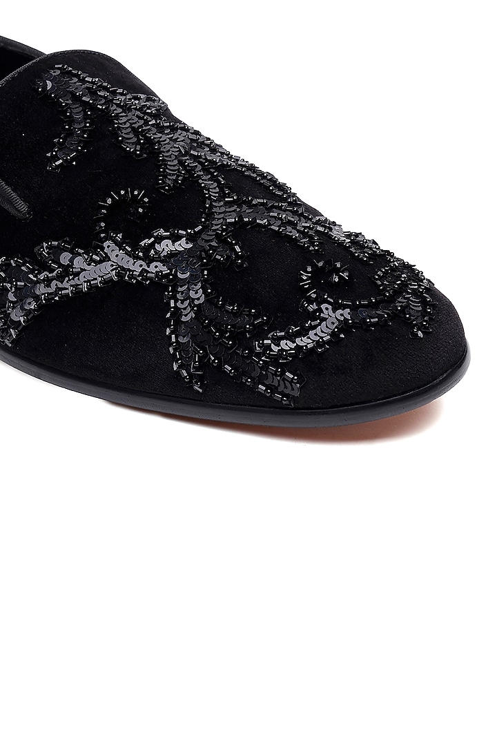 Black Velvet Studs Embellished Slip-On Shoes by SHUTIQ at Pernia's Pop Up Shop