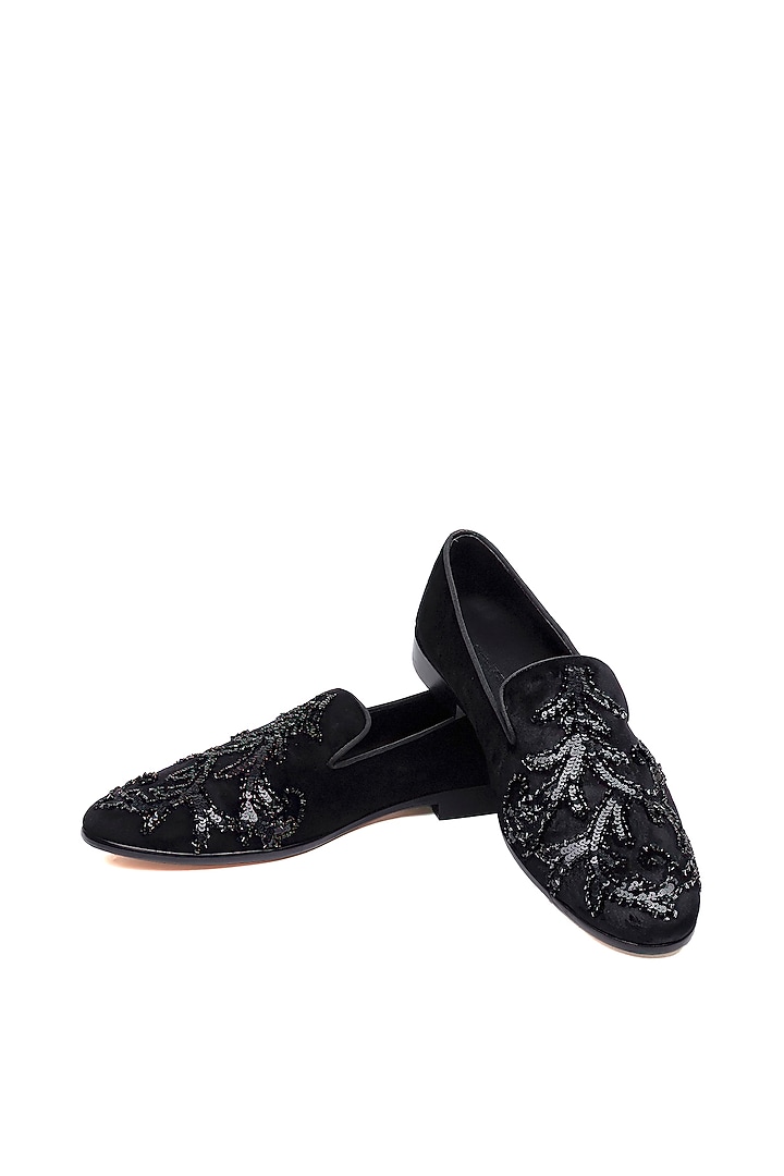 Black Velvet Studs Embellished Slip-On Shoes by SHUTIQ at Pernia's Pop Up Shop