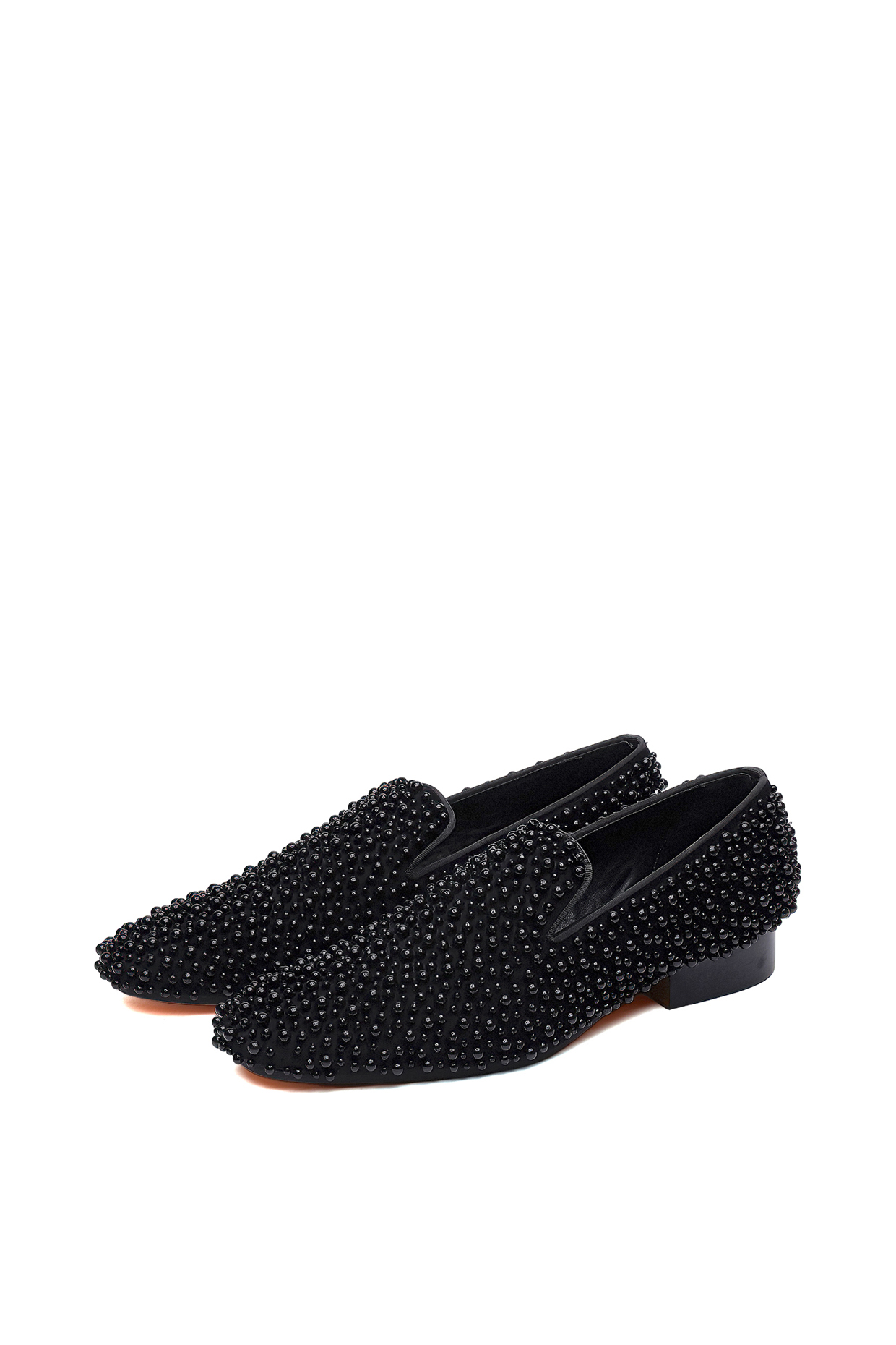 Black Suede Pearl Embellished Slip-On Shoes by SHUTIQ