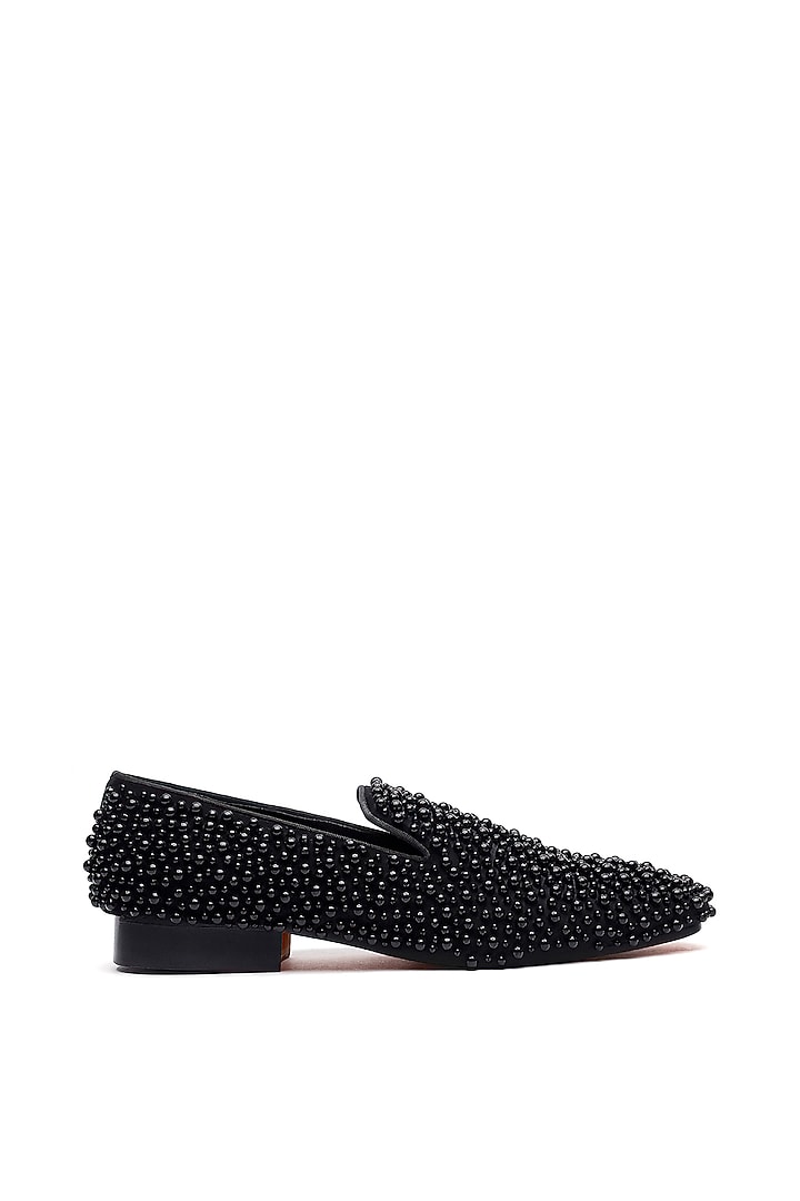 Black Suede Pearl Embellished Slip-On Shoes by SHUTIQ at Pernia's Pop Up Shop