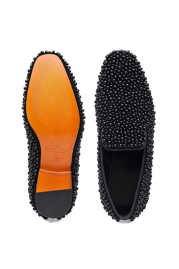 Black Suede Pearl Embellished Slip-On Shoes by SHUTIQ at Pernia's Pop Up Shop