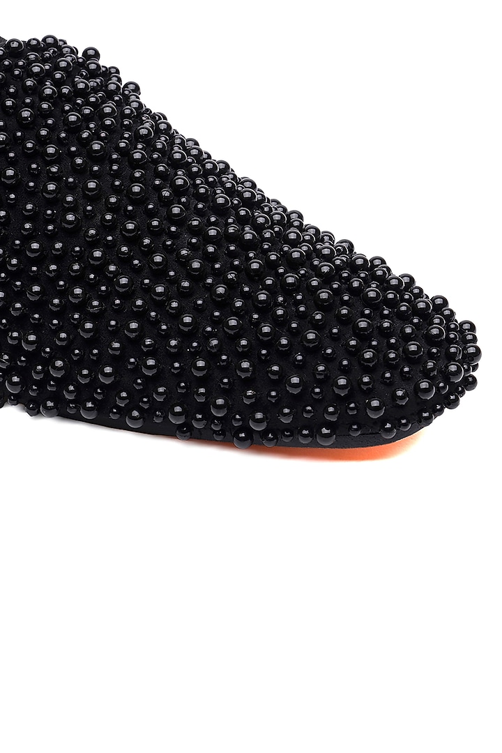 Black Suede Pearl Embellished Slip-On Shoes by SHUTIQ at Pernia's Pop Up Shop
