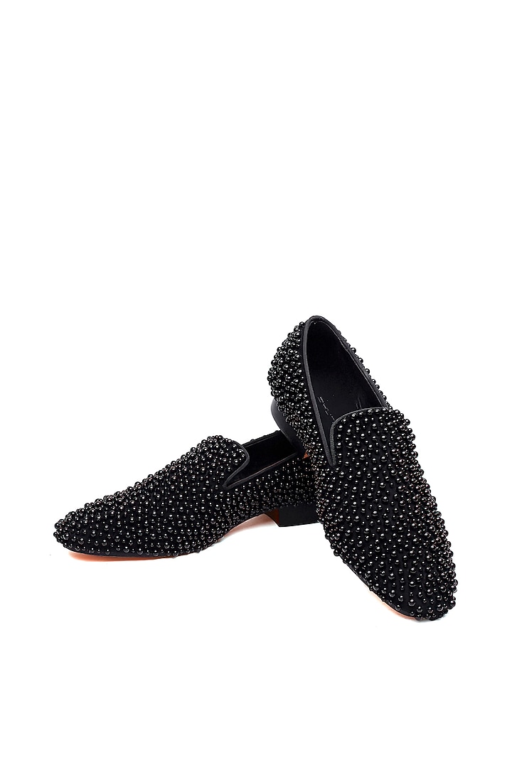 Black Suede Pearl Embellished Slip-On Shoes by SHUTIQ at Pernia's Pop Up Shop