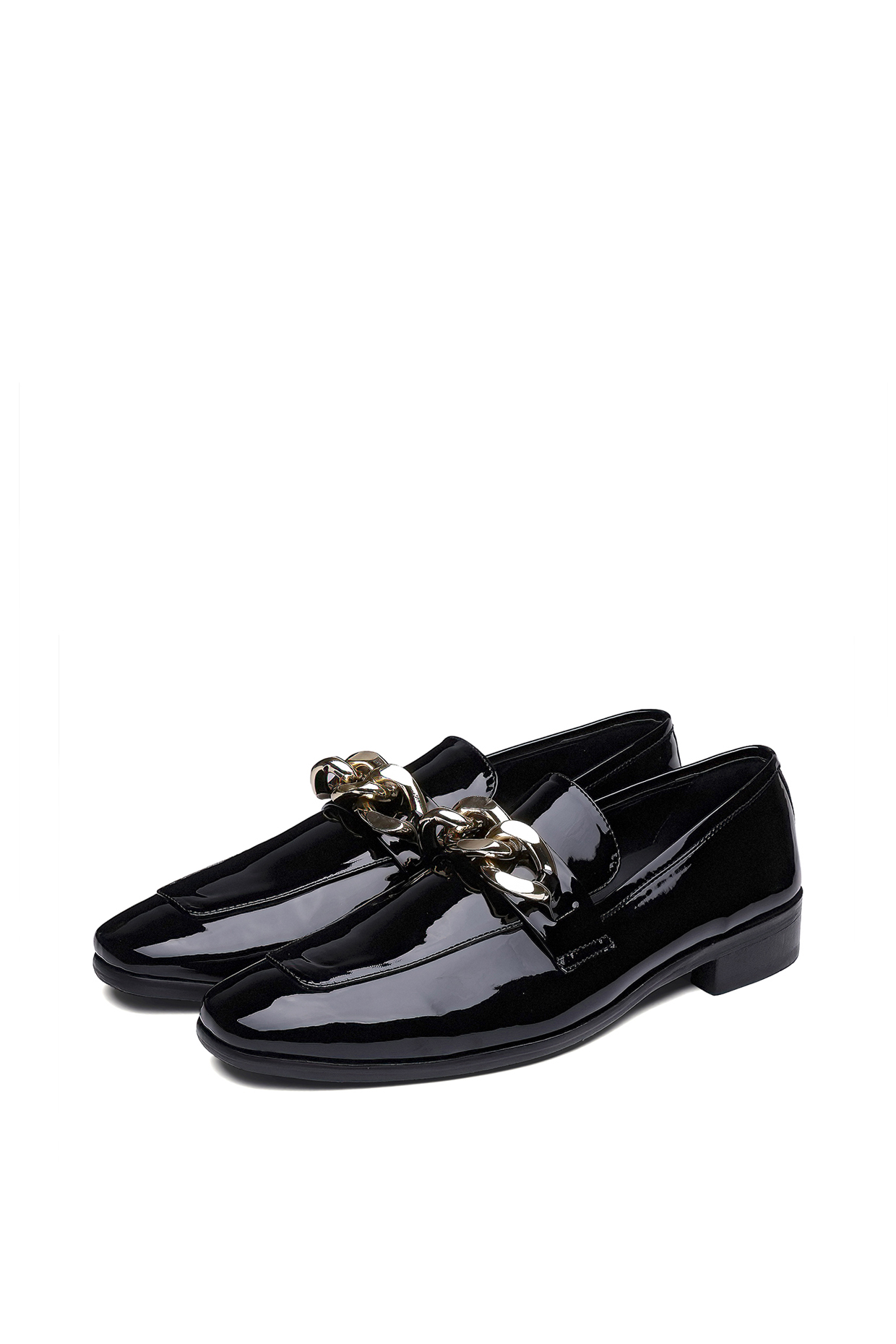 Black Patent Leather Golden Trim Slip-On Shoes by SHUTIQ