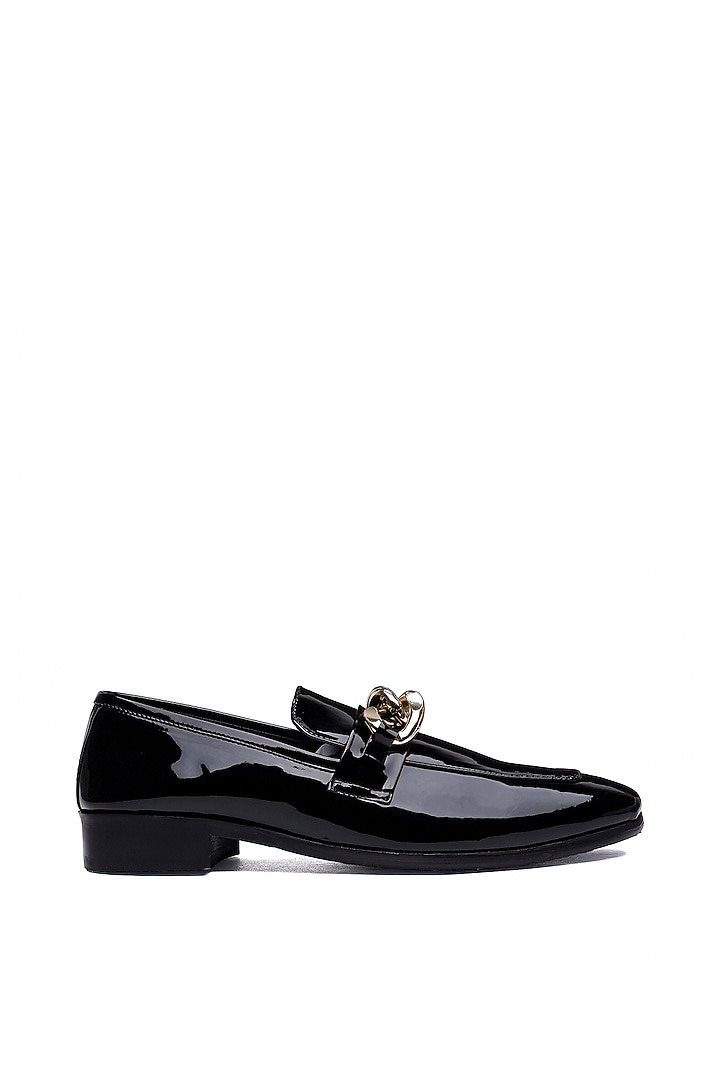 Black Patent Leather Golden Trim Slip-On Shoes by SHUTIQ at Pernia's Pop Up Shop