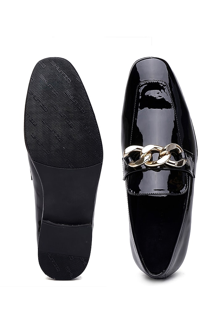 Black Patent Leather Golden Trim Slip-On Shoes by SHUTIQ at Pernia's Pop Up Shop