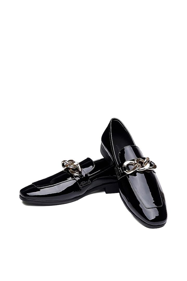 Black Patent Leather Golden Trim Slip-On Shoes by SHUTIQ at Pernia's Pop Up Shop