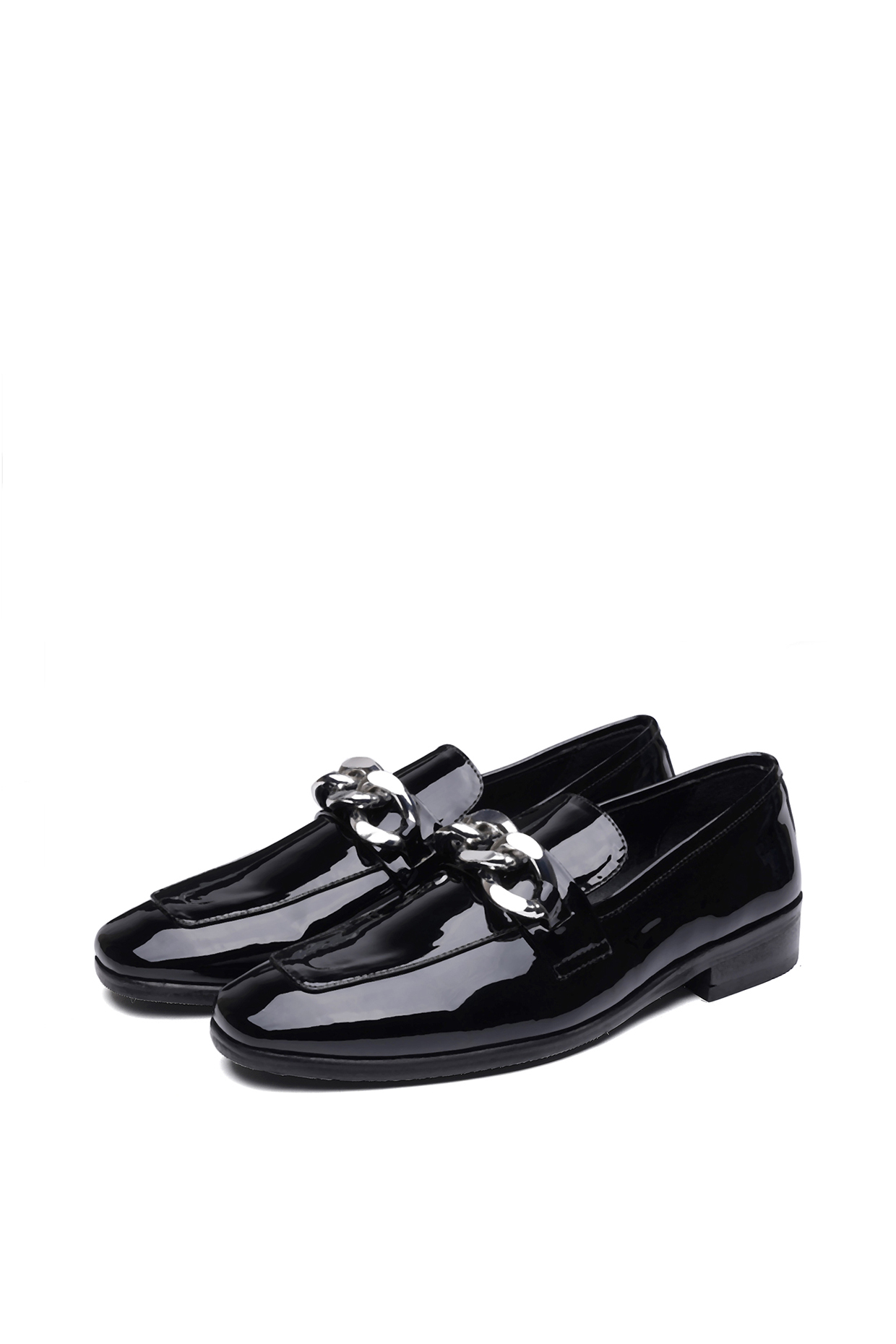 Black Patent Leather Silver Trim Slip-On Shoes by SHUTIQ