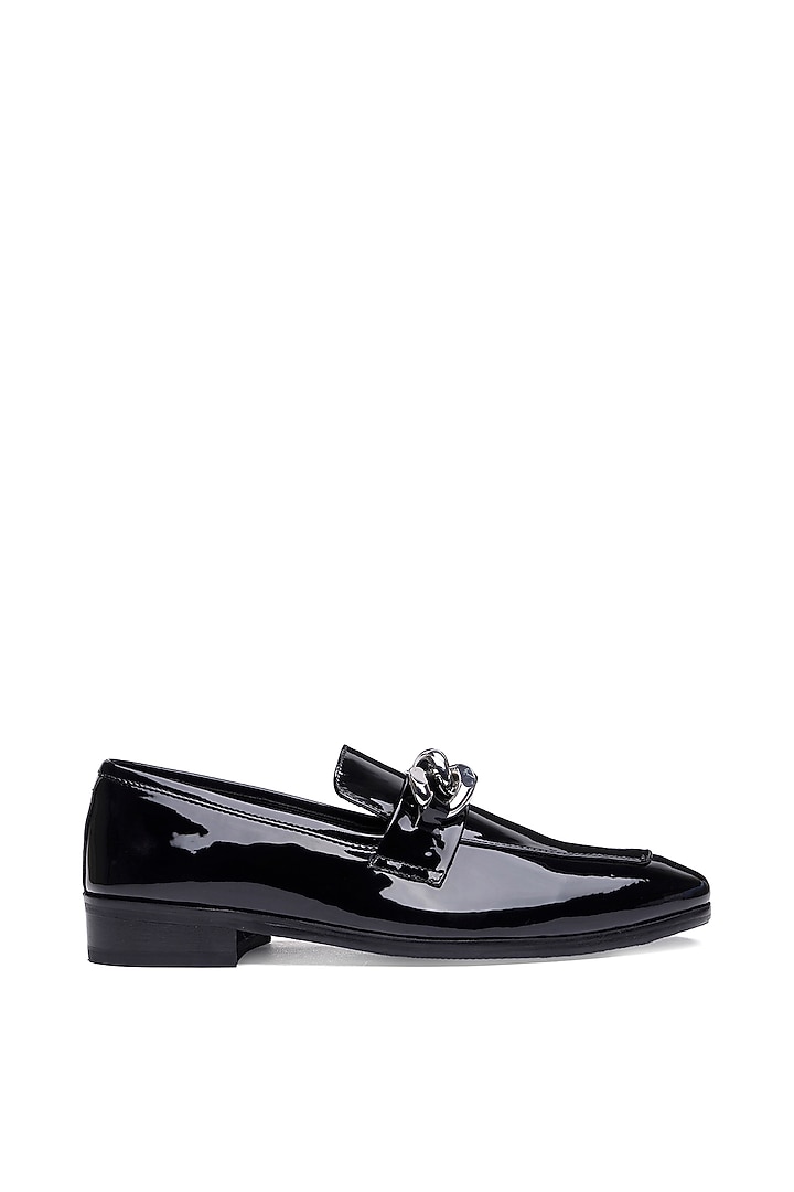 Black Patent Leather Silver Trim Slip-On Shoes by SHUTIQ at Pernia's Pop Up Shop