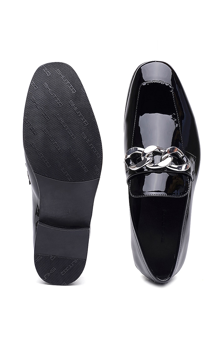 Black Patent Leather Silver Trim Slip-On Shoes by SHUTIQ at Pernia's Pop Up Shop