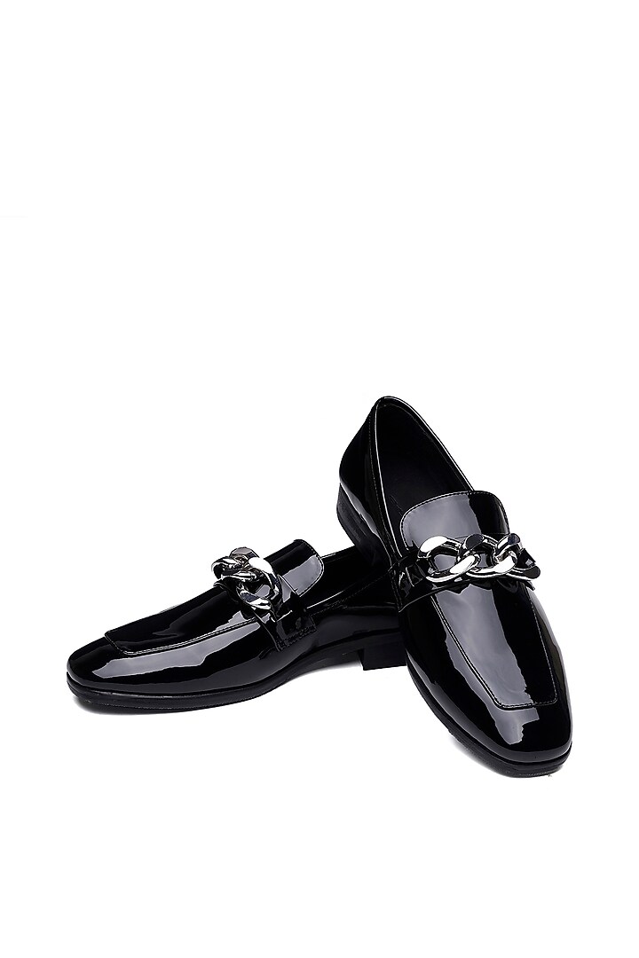 Black Patent Leather Silver Trim Slip-On Shoes by SHUTIQ at Pernia's Pop Up Shop