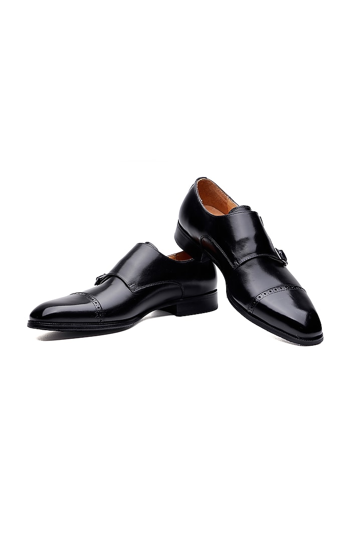 Black Leather Double Monk Strap Shoes by SHUTIQ at Pernia's Pop Up Shop