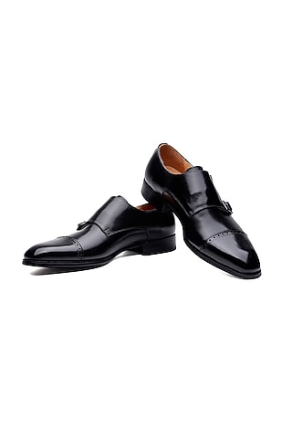 Black Leather Double Monk Strap Shoes by SHUTIQ