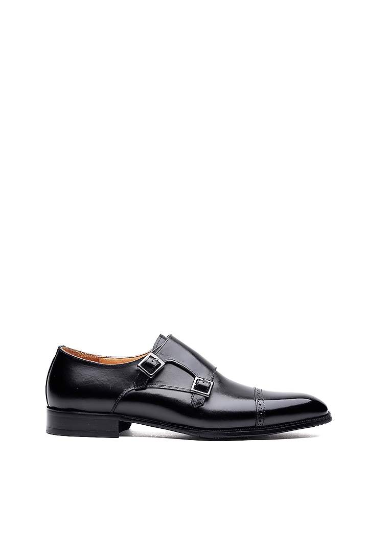 Black Leather Double Monk Strap Shoes by SHUTIQ at Pernia's Pop Up Shop
