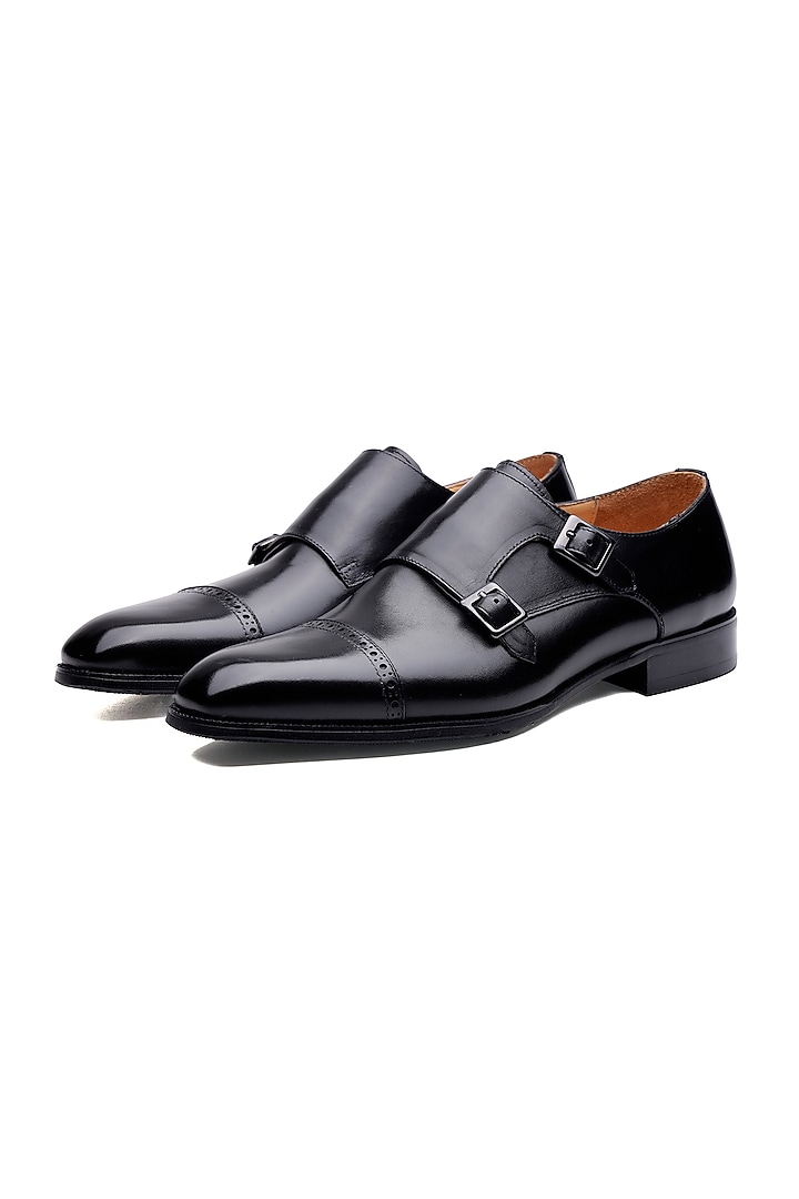 Black Leather Double Monk Strap Shoes by SHUTIQ at Pernia's Pop Up Shop