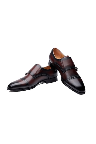 Brown Leather Double Monk Strap Shoes by SHUTIQ