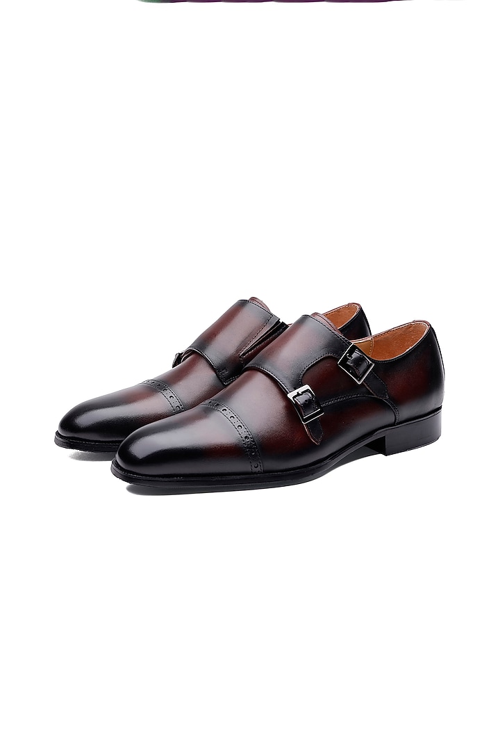 Brown Leather Double Monk Strap Shoes by SHUTIQ at Pernia's Pop Up Shop