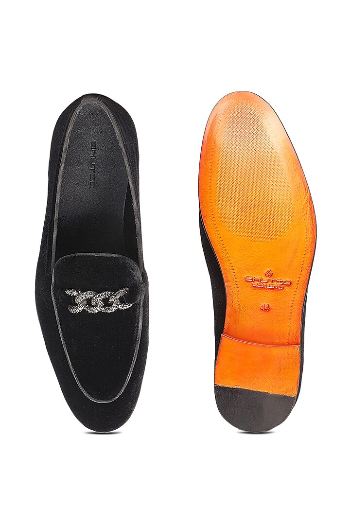 Black Velvet Embellished Slip-On Shoes by SHUTIQ at Pernia's Pop Up Shop