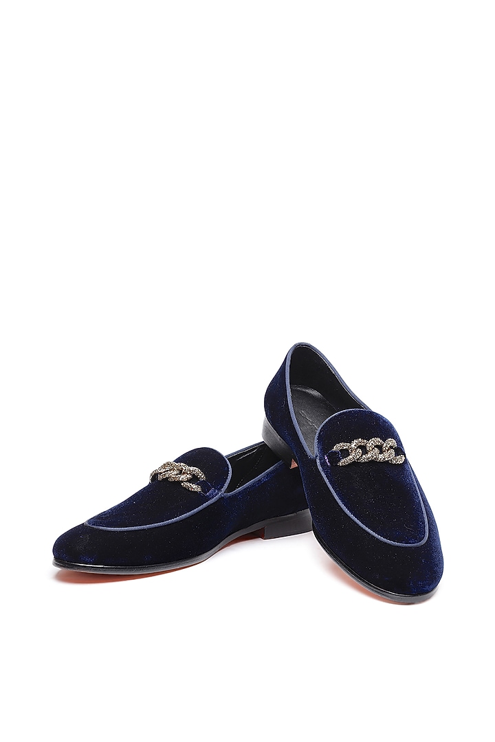 Blue Velvet Embellished Slip-On Shoes by SHUTIQ at Pernia's Pop Up Shop