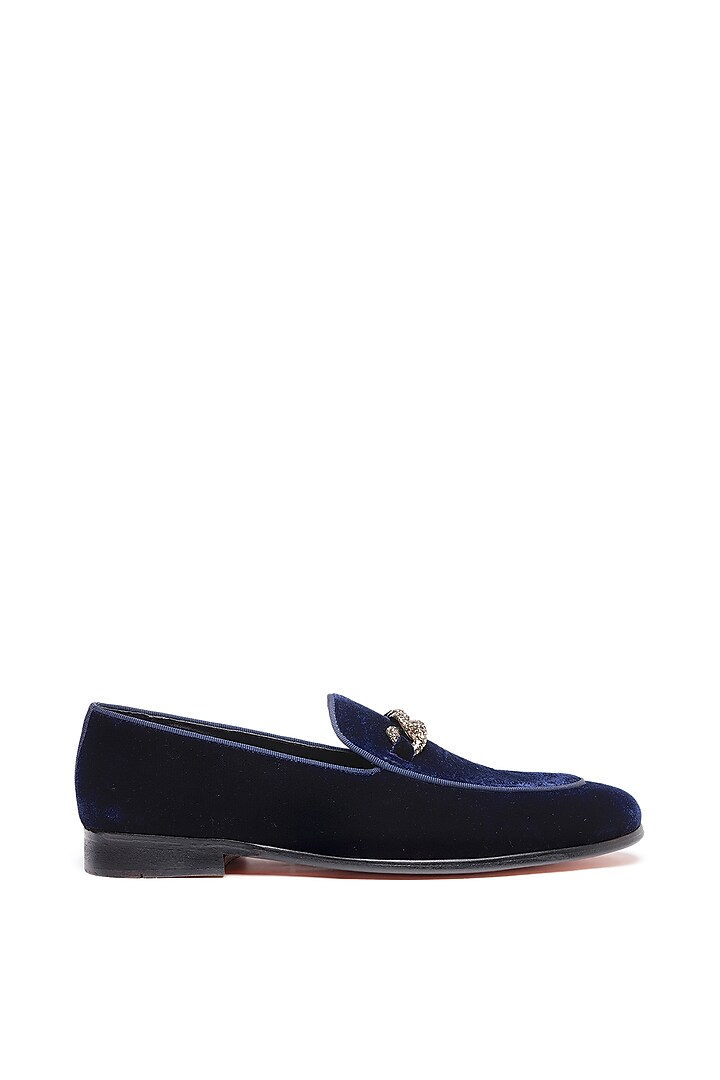 Blue Velvet Embellished Slip-On Shoes by SHUTIQ at Pernia's Pop Up Shop
