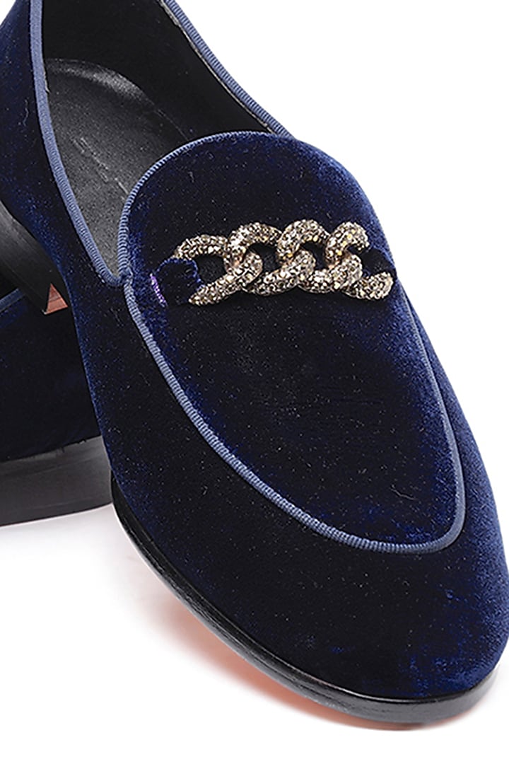 Blue Velvet Embellished Slip-On Shoes by SHUTIQ at Pernia's Pop Up Shop
