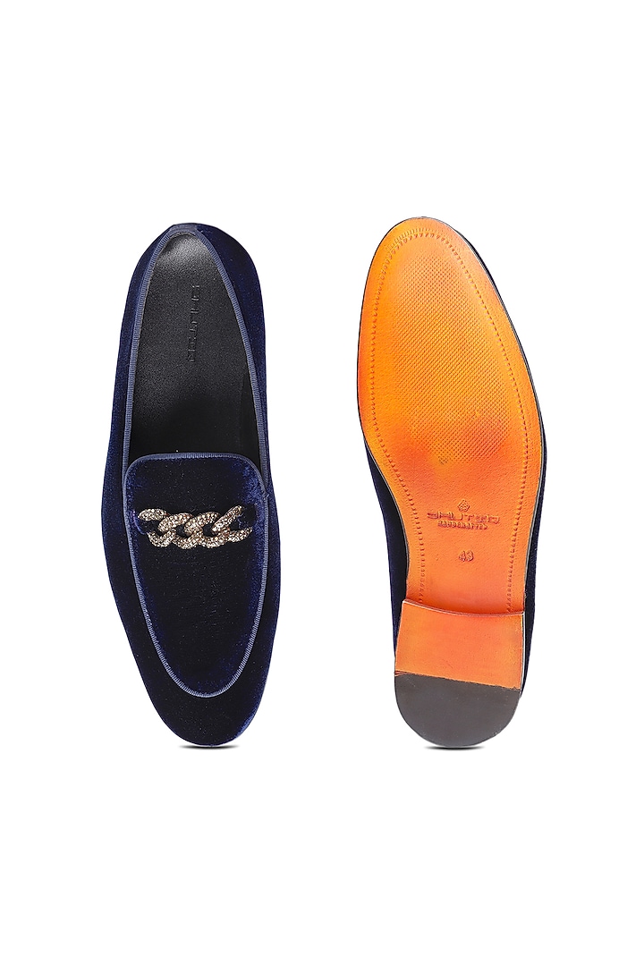 Blue Velvet Embellished Slip-On Shoes by SHUTIQ at Pernia's Pop Up Shop