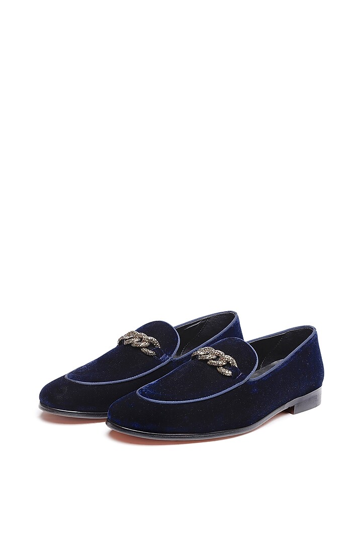 Blue Velvet Embellished Slip-On Shoes by SHUTIQ at Pernia's Pop Up Shop