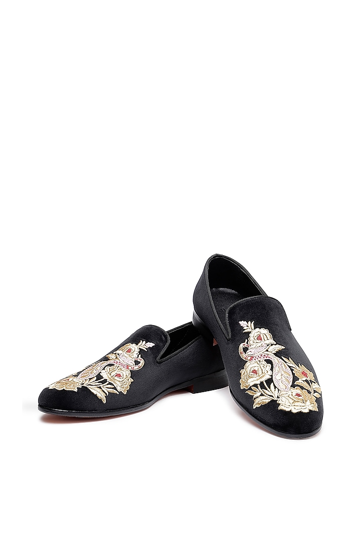 Black Velvet Embroidered Slip-On Shoes by SHUTIQ at Pernia's Pop Up Shop