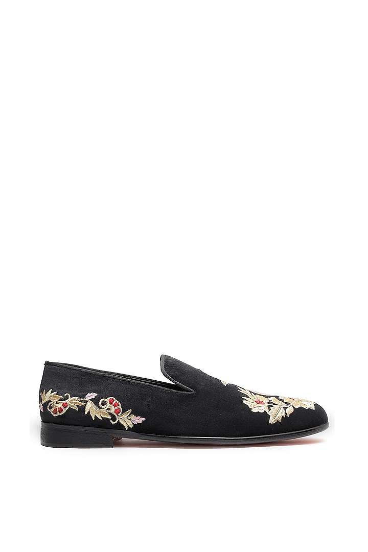 Black Velvet Embroidered Slip-On Shoes by SHUTIQ at Pernia's Pop Up Shop