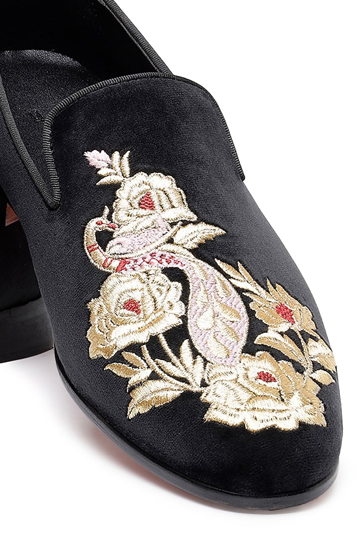 Black Velvet Embroidered Slip-On Shoes by SHUTIQ at Pernia's Pop Up Shop