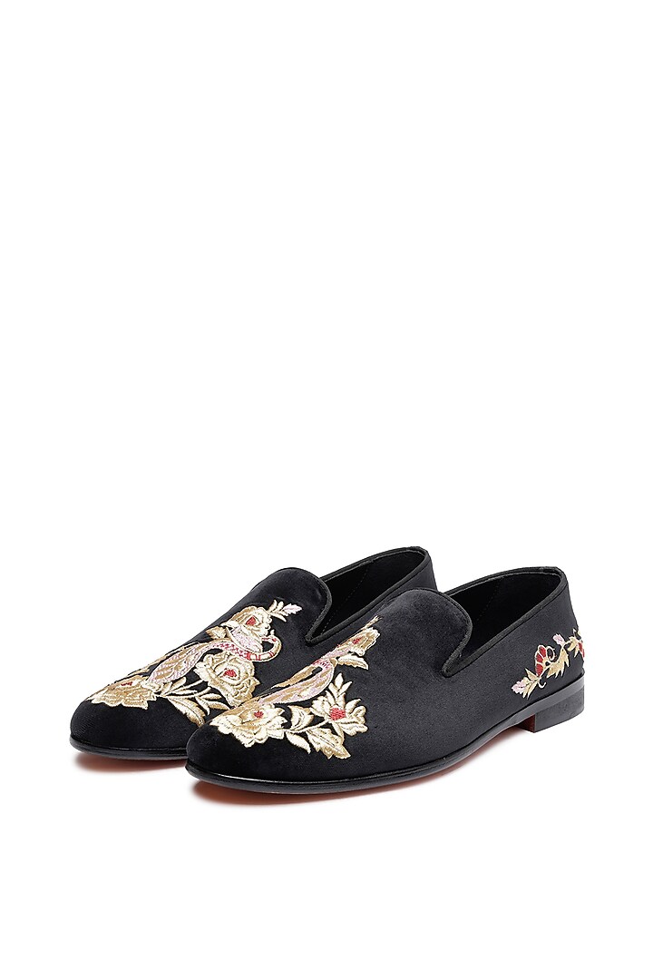 Black Velvet Embroidered Slip-On Shoes by SHUTIQ at Pernia's Pop Up Shop
