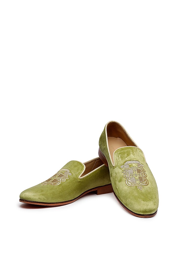 Green Velvet Embroidered Slip-On Shoes by SHUTIQ at Pernia's Pop Up Shop