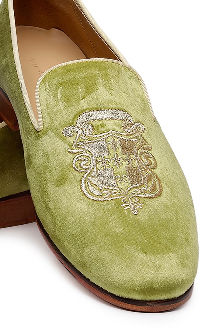 Green Velvet Embroidered Slip-On Shoes by SHUTIQ at Pernia's Pop Up Shop