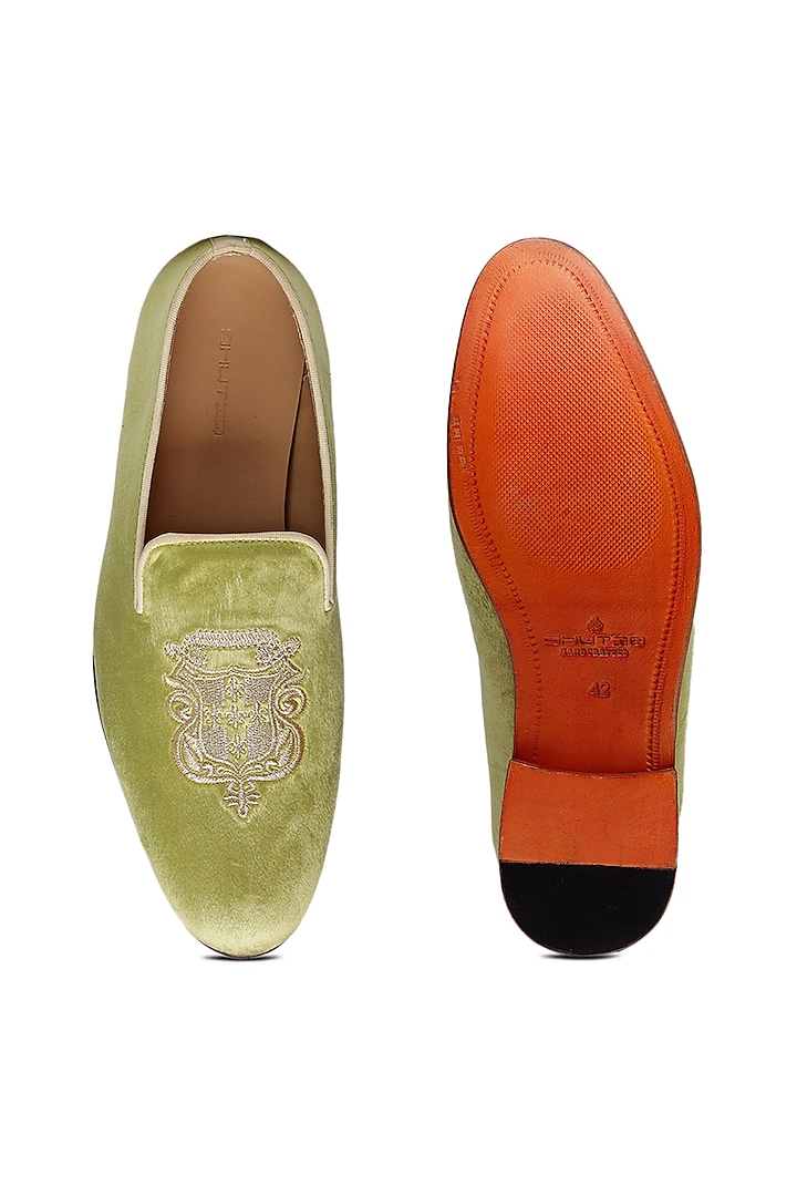 Green Velvet Embroidered Slip-On Shoes by SHUTIQ at Pernia's Pop Up Shop