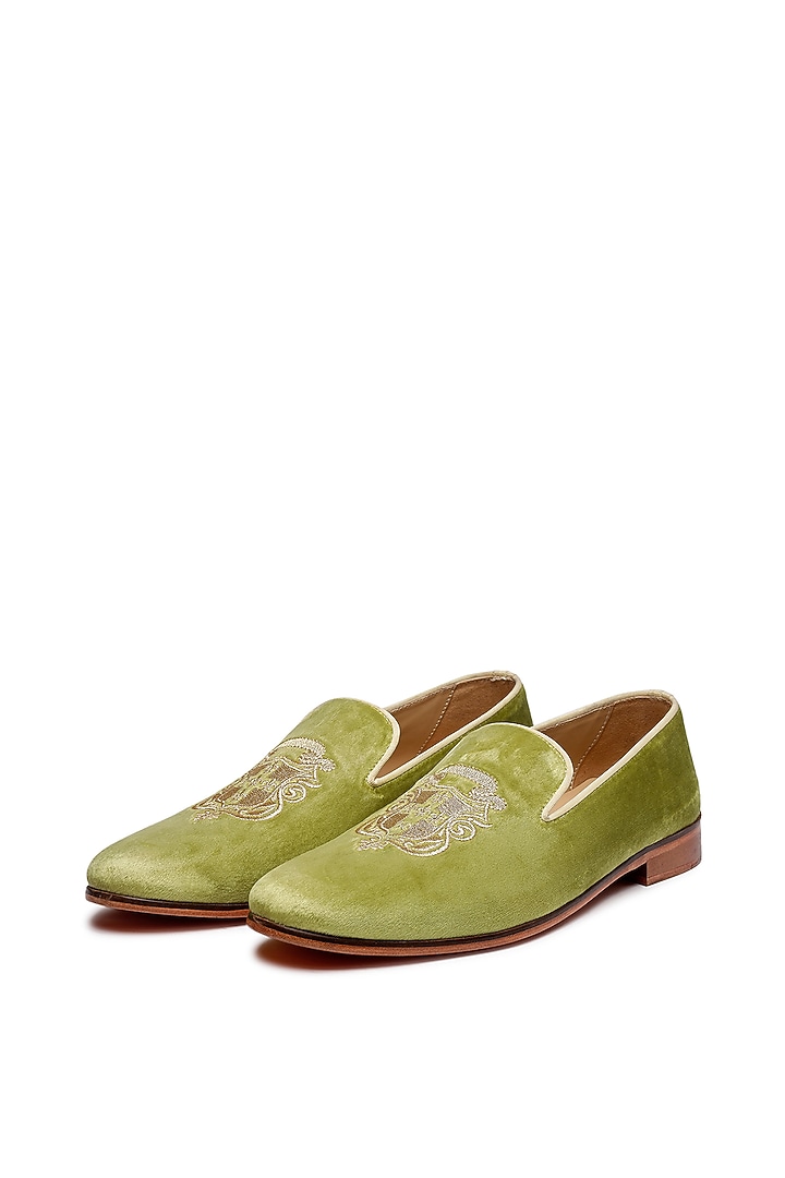Green Velvet Embroidered Slip-On Shoes by SHUTIQ at Pernia's Pop Up Shop