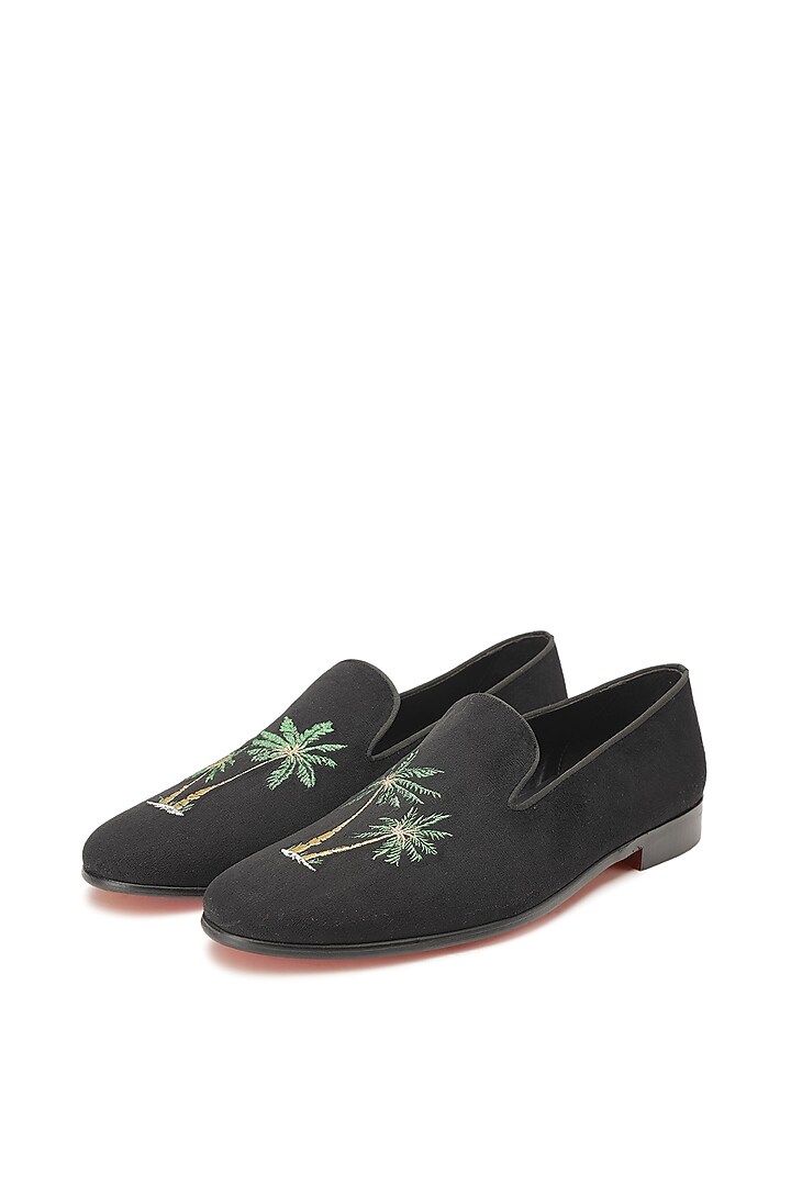 Black Velvet Embroidered Slip-Ons Shoes by SHUTIQ at Pernia's Pop Up Shop