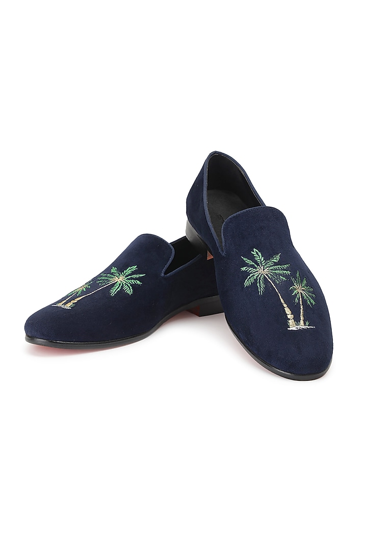 Blue Velvet Embroidered Slip-Ons Shoes by SHUTIQ at Pernia's Pop Up Shop