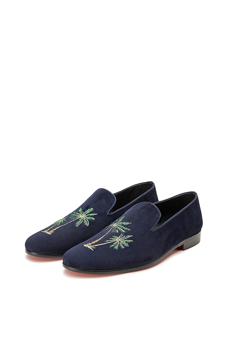 Blue Velvet Embroidered Slip-Ons Shoes by SHUTIQ at Pernia's Pop Up Shop