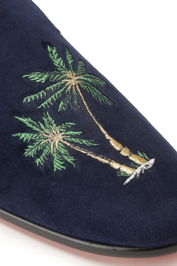 Blue Velvet Embroidered Slip-Ons Shoes by SHUTIQ at Pernia's Pop Up Shop